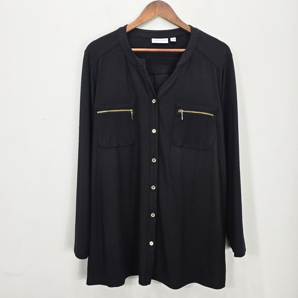 Susan Graver Button Down Tunic Top Blouse 2X Gold Zip Pockets Office Career